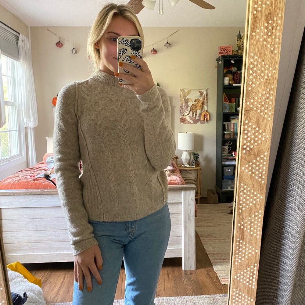 Free People Tan Mock Neck Ribbed Cable Knit Sweater